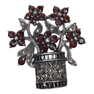 Vintage Sterling Silver Marcasite Garnet Flower Basket Brooch Elegant Antique